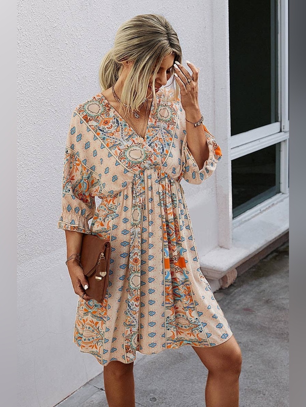 SHEIN Cream Midi Dress with Orange and Blue Floral Print